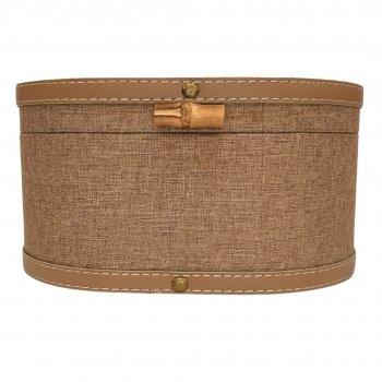 Caixa Organizadora Oval de Linho Marrom Claro - 24cm