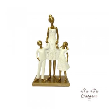 Estátua Mãe com Casal de filhos com Vestido Branco - 24 cm